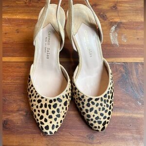 Anthropologie CARMEN SALAS Pony Fur Leopard Print Suede Slingback Heels size 39